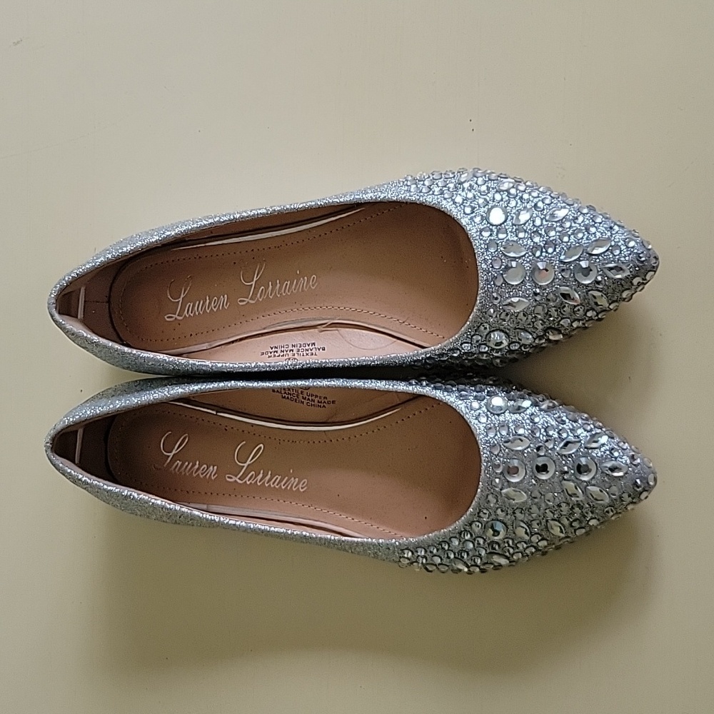 Lauren Lorraine Silver Crystal Embellished Pointed Toe Flats